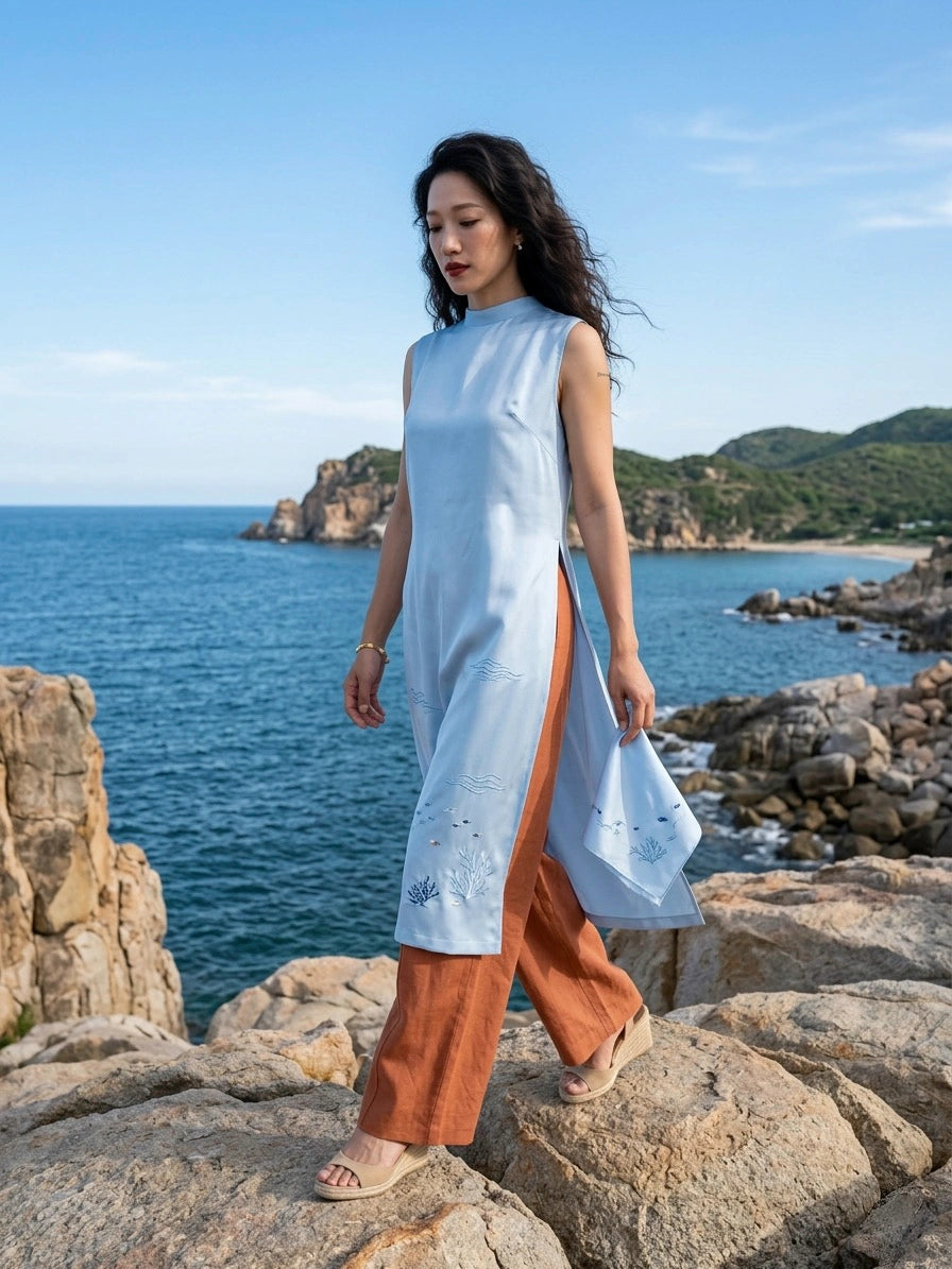 Áo dài lụa tơ tằm twill xanh pastel thời trang Hity
