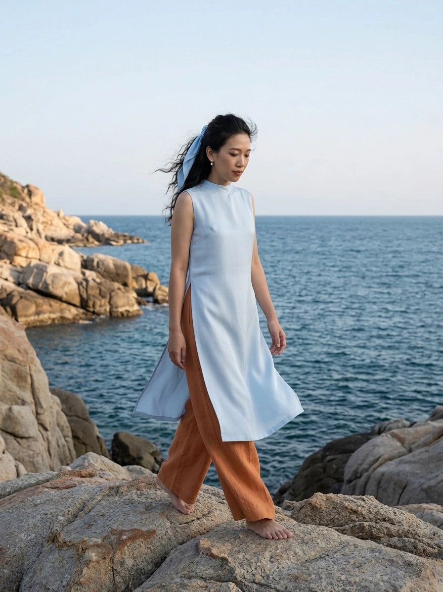 Áo dài lụa tơ tằm twill xanh pastel thời trang Hity