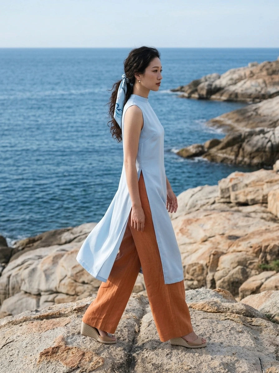 Áo dài lụa tơ tằm twill xanh pastel thời trang Hity