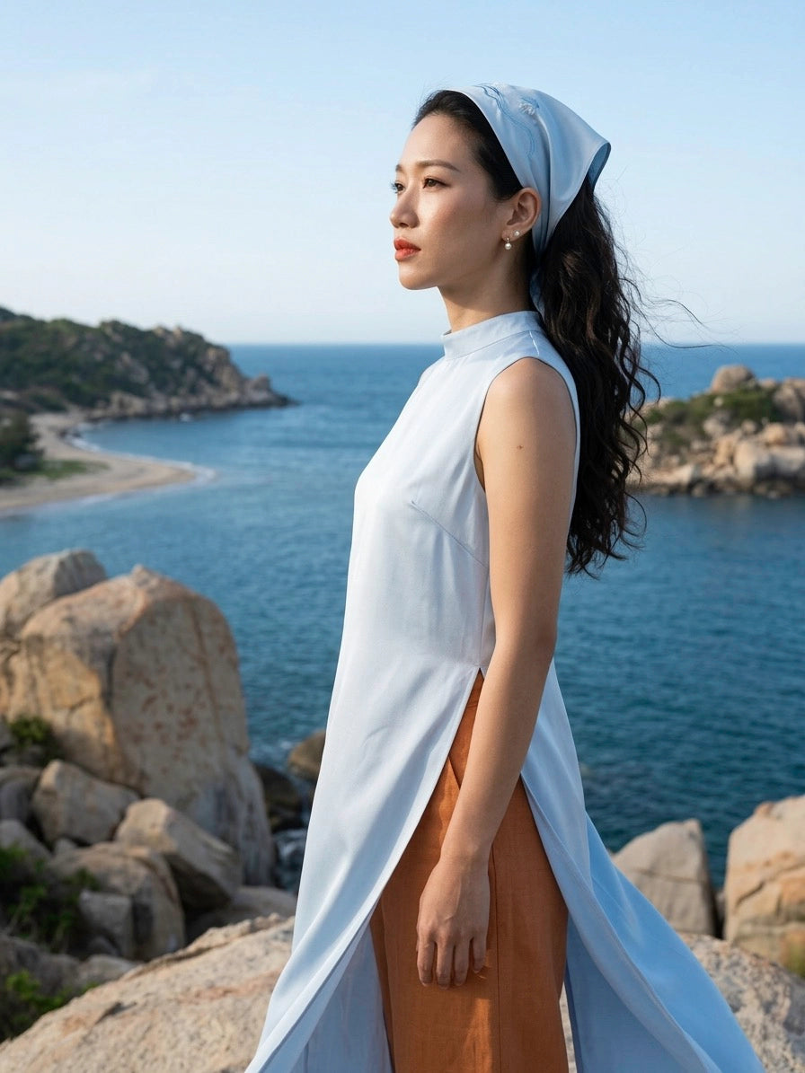 Áo dài lụa tơ tằm twill xanh pastel thời trang Hity