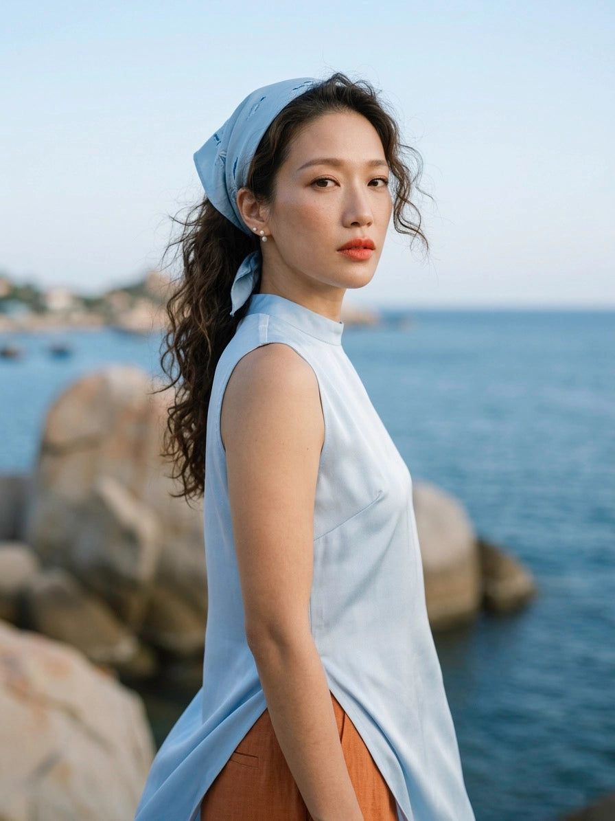 Áo dài lụa tơ tằm twill xanh pastel thời trang Hity