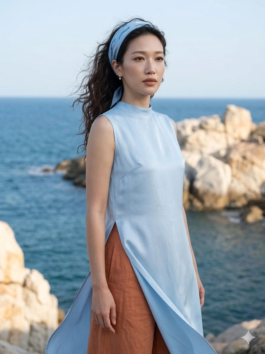 Áo dài lụa tơ tằm twill xanh pastel thời trang Hity