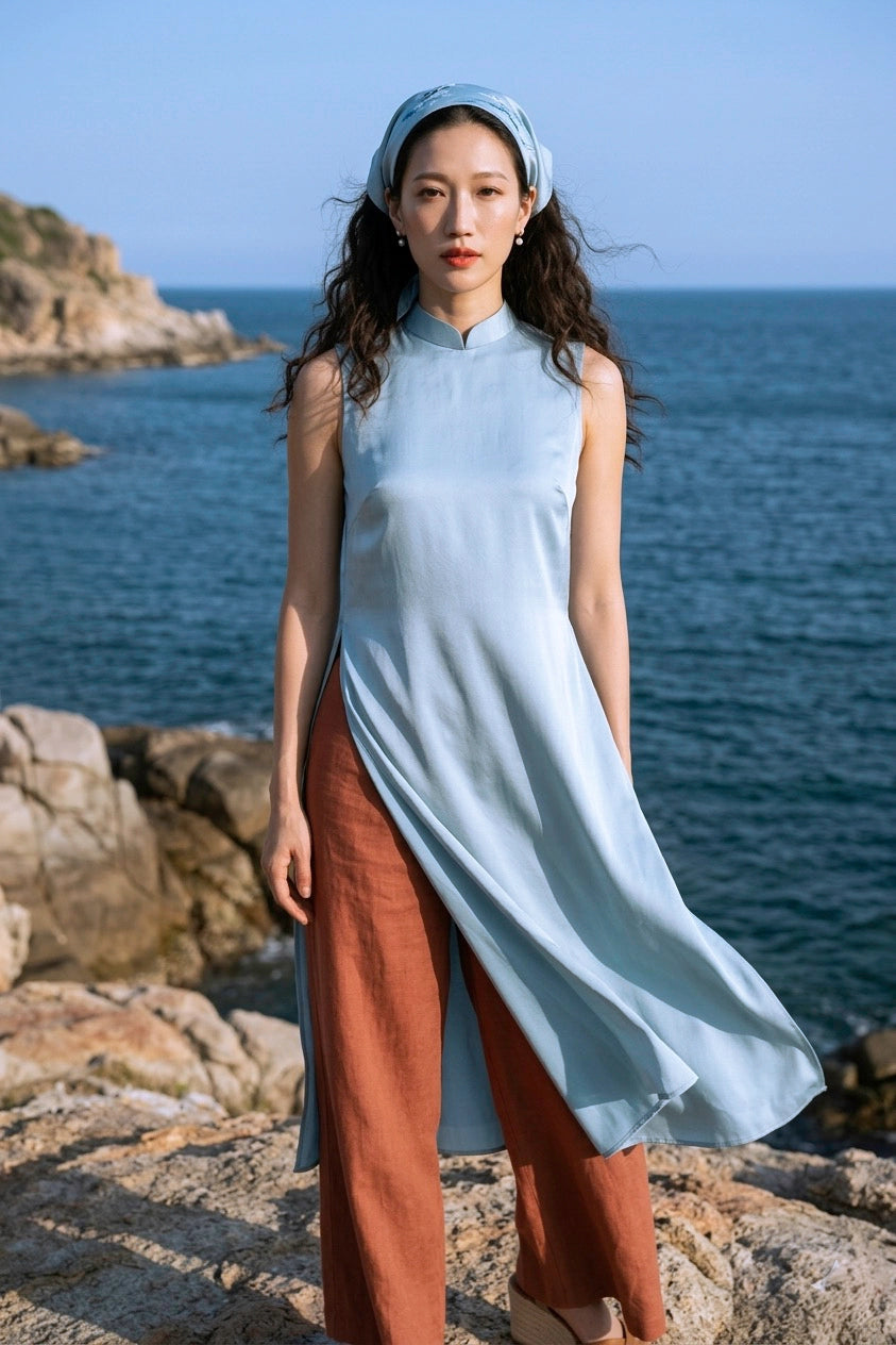 Áo dài lụa tơ tằm twill xanh pastel thời trang Hity