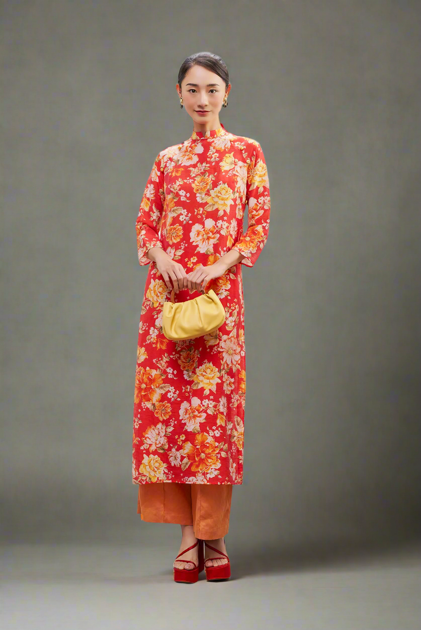 Áo dài tay raglan linen hoa mẫu đơn thời trang Hity