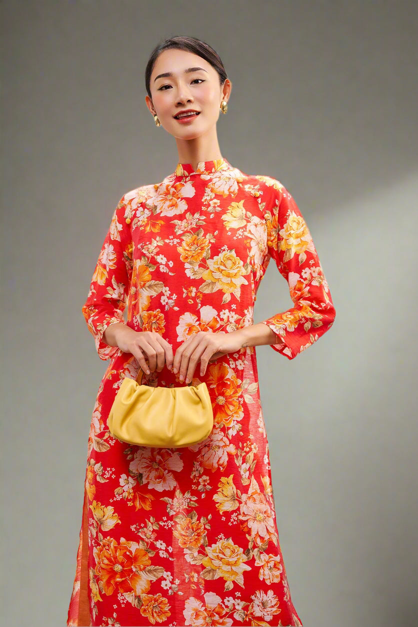 Áo dài tay raglan linen hoa mẫu đơn thời trang Hity