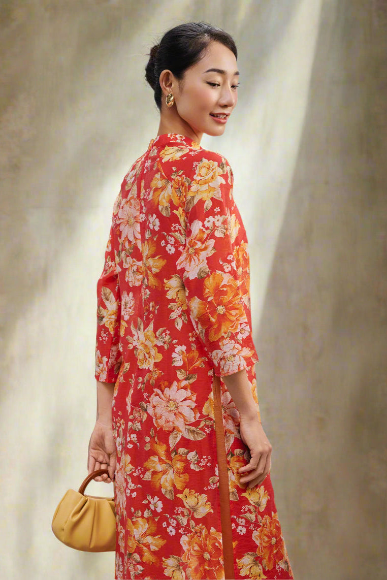 Áo dài tay raglan linen hoa mẫu đơn thời trang Hity