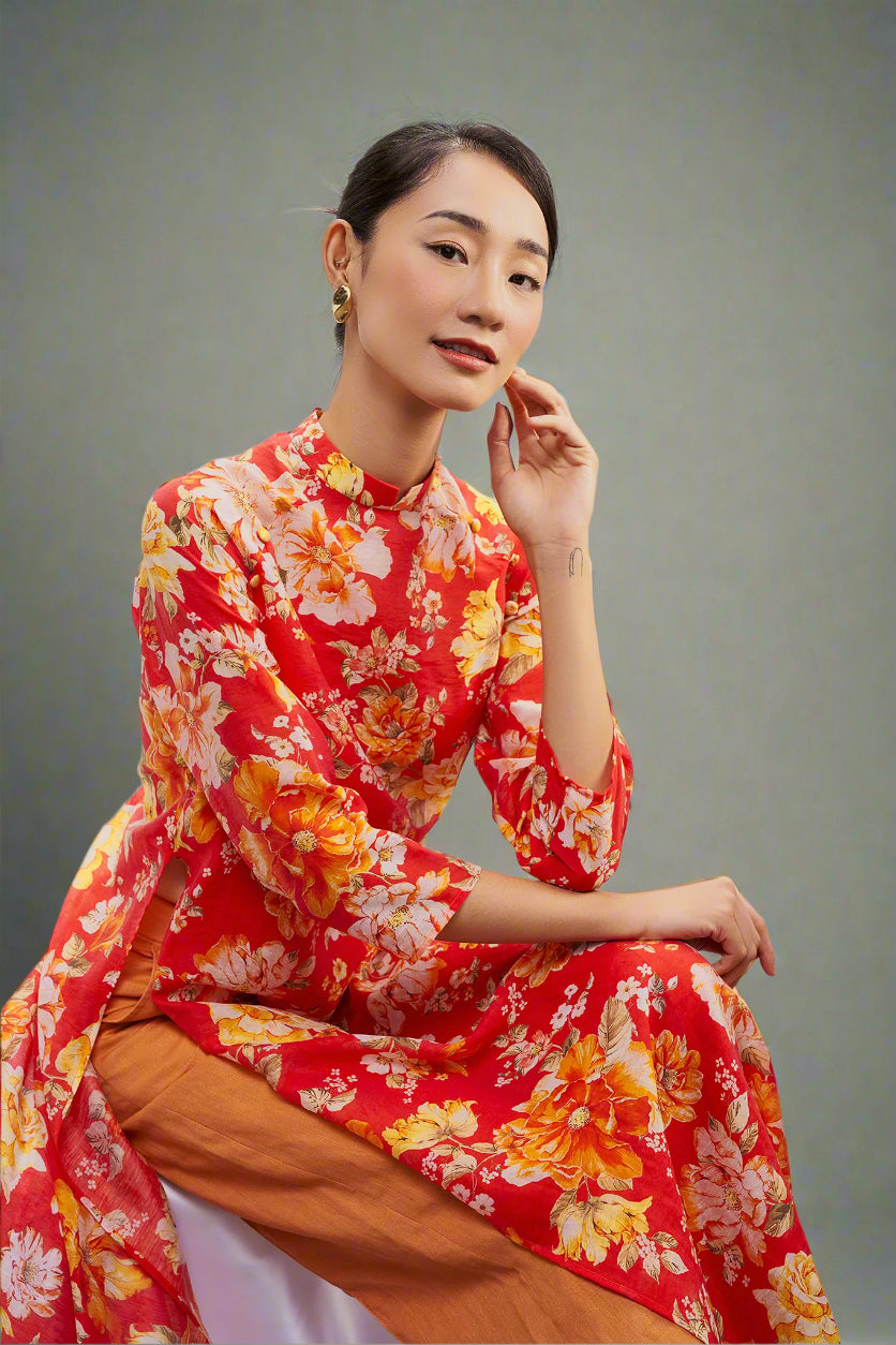 Áo dài tay raglan linen hoa mẫu đơn thời trang Hity