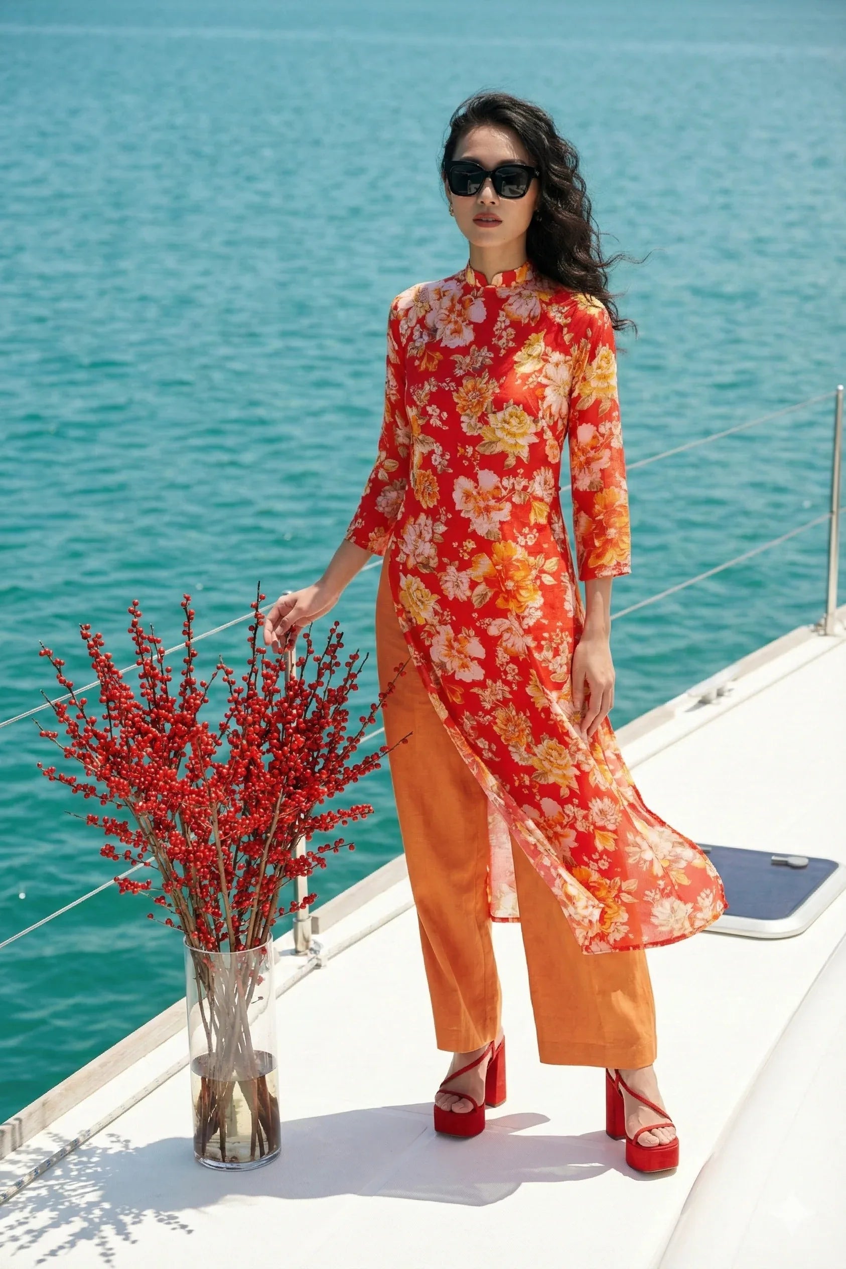 Áo dài suông linen hoa mẫu đơn thời trang Hity