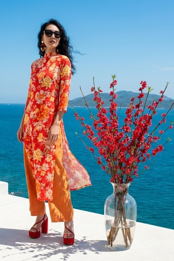 Áo dài suông linen hoa mẫu đơn thời trang Hity