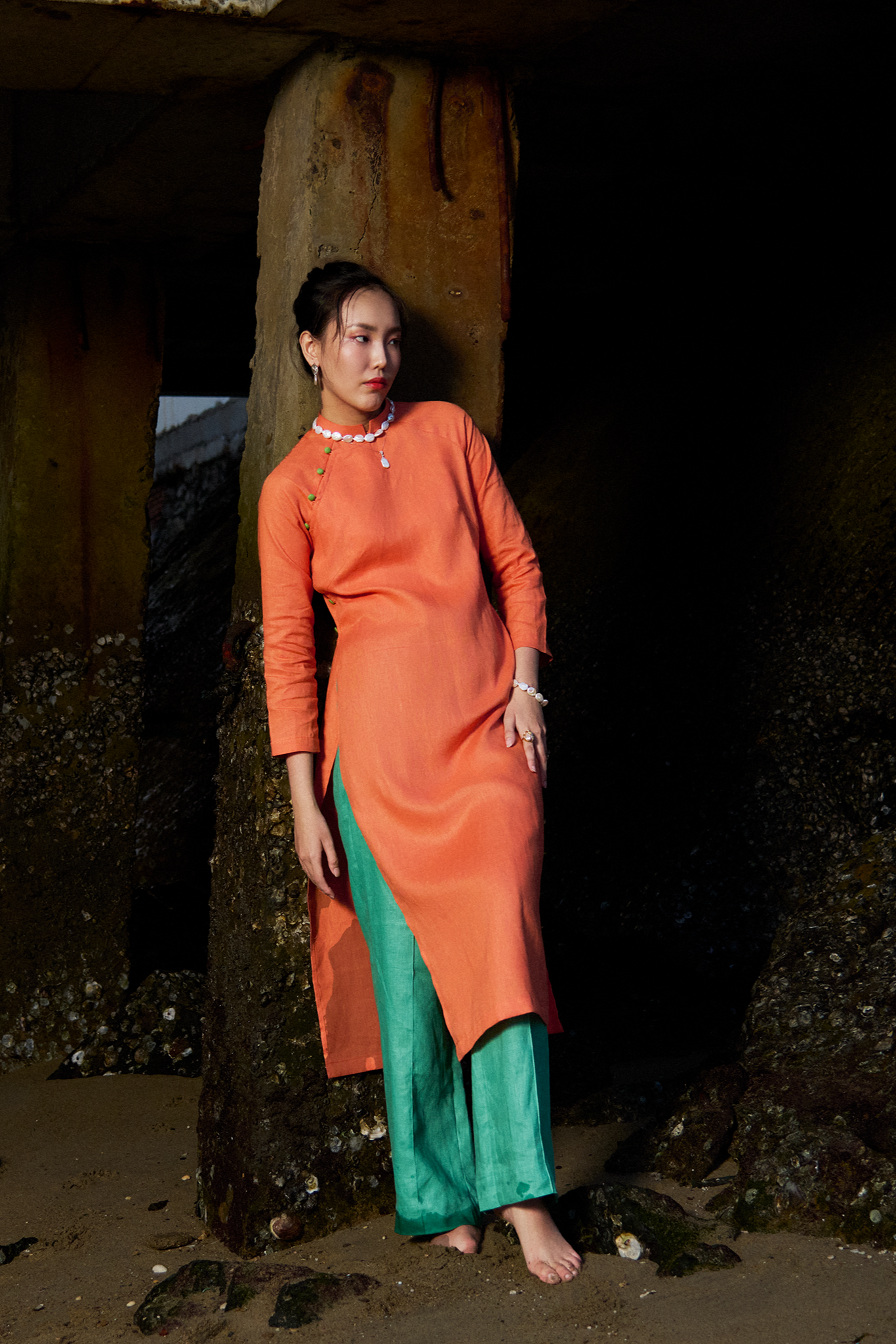 Áo dài suông tay raglan linen cam thời trang Hity 