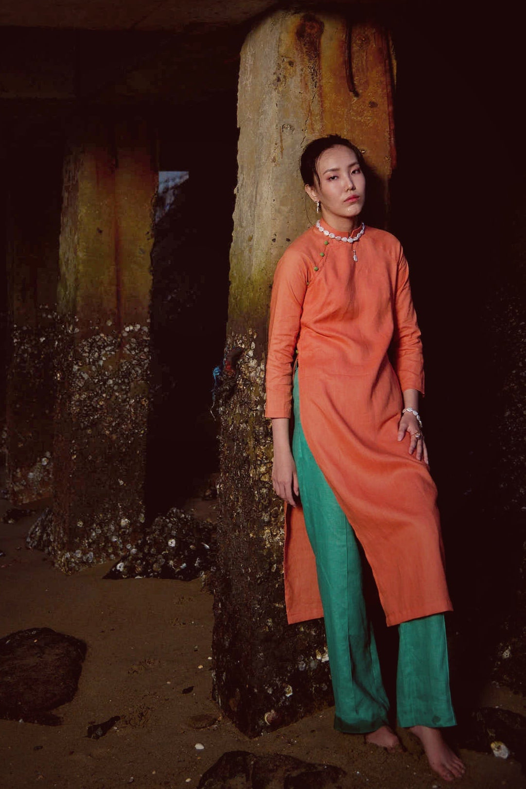 Áo dài suông tay raglan linen cam thời trang Hity 