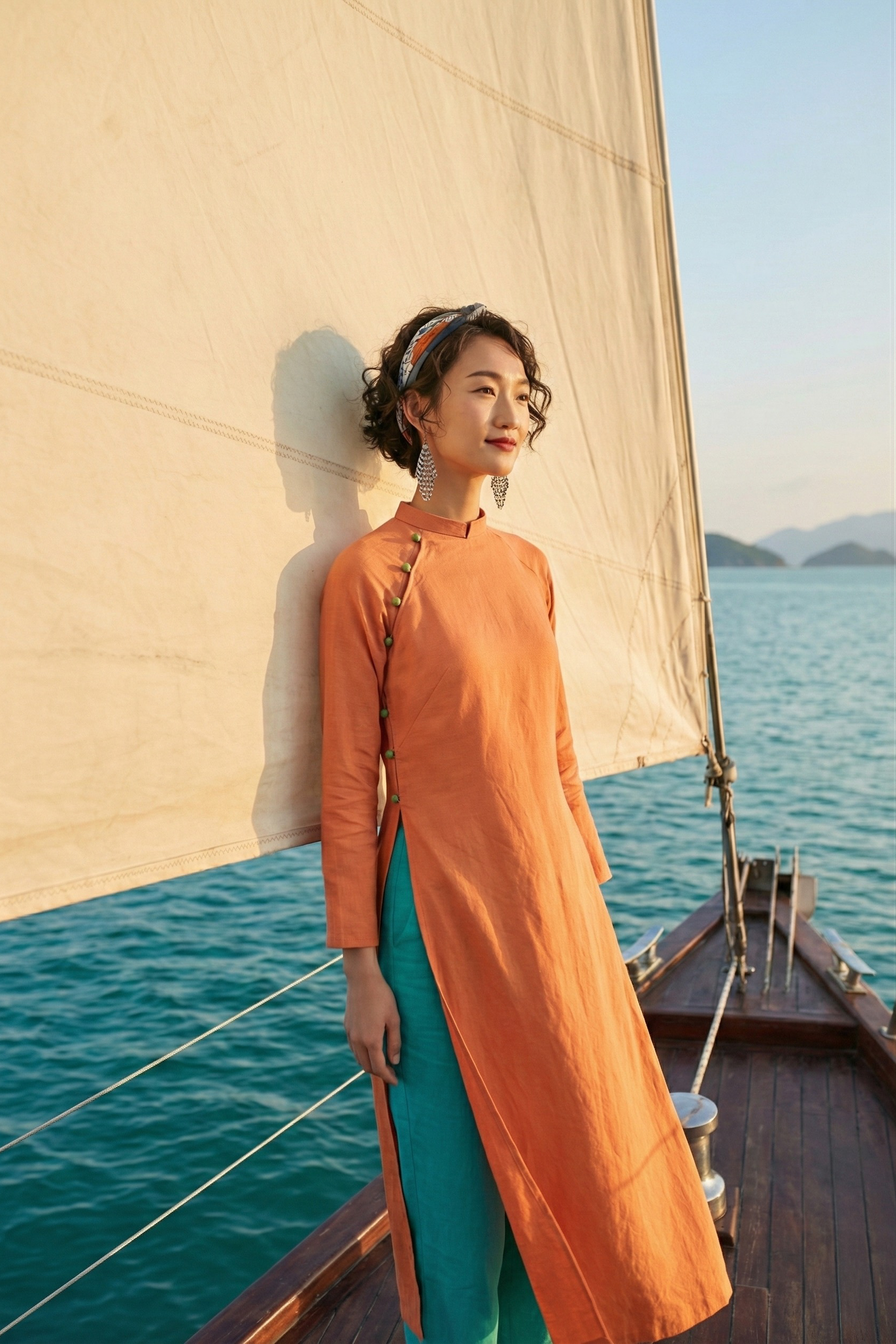 Áo dài suông linen cam thời trang Hity
