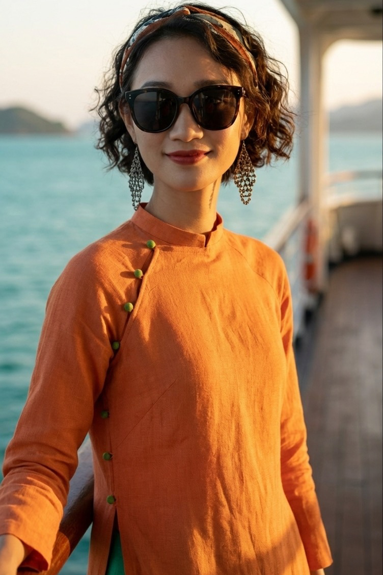Áo dài suông linen cam thời trang Hity