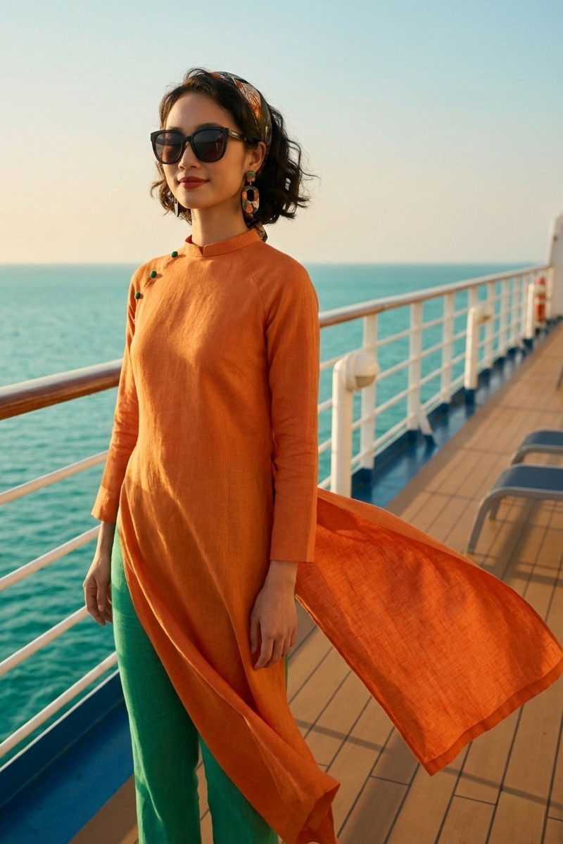 Áo dài suông linen cam thời trang Hity