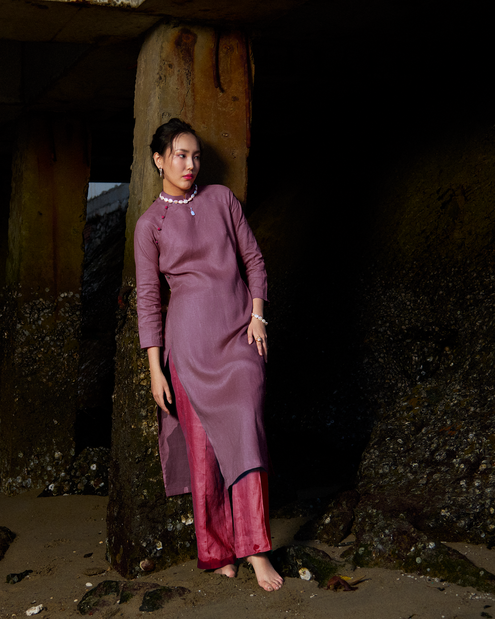 Áo dài suông tay raglan linen tím thời trang Hity