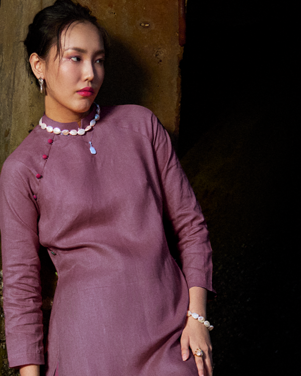 Áo dài suông tay raglan linen tím thời trang Hity