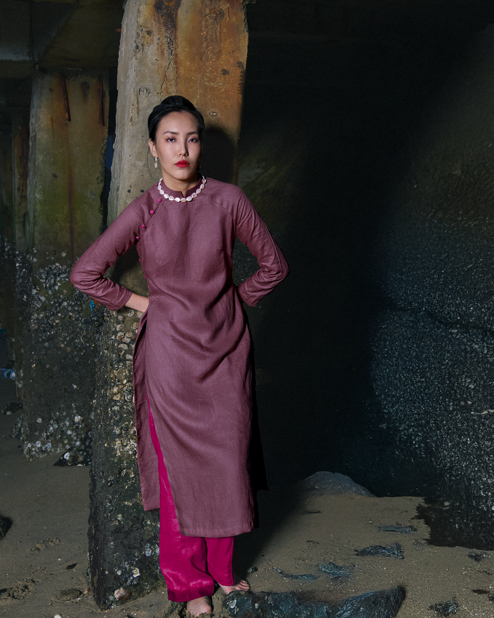 Áo dài suông tay raglan linen tím thời trang Hity