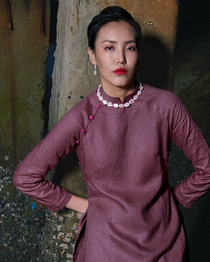 Áo dài suông tay raglan linen tím thời trang Hity