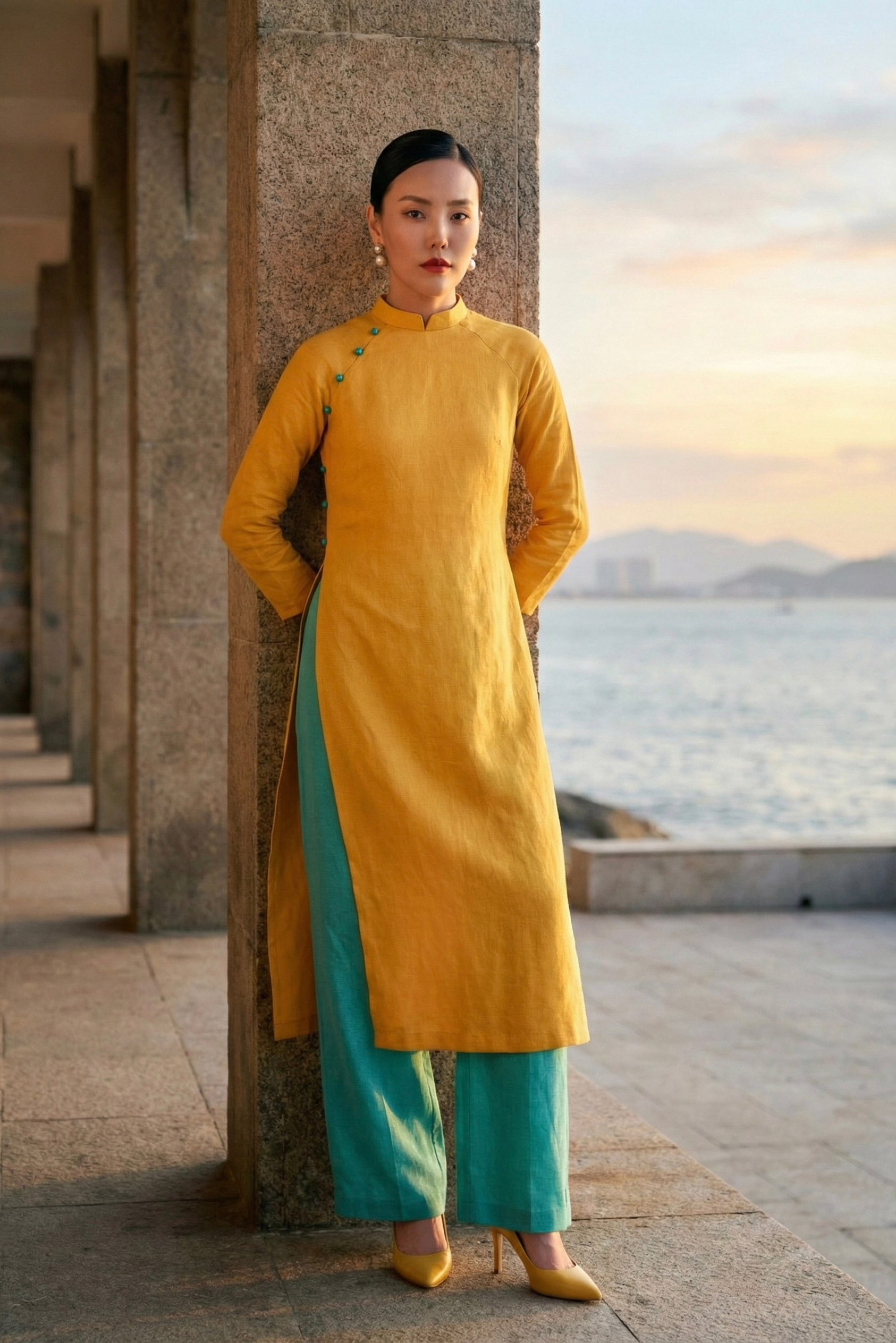 Áo dài linen vàng tay raglan thời trang Hity