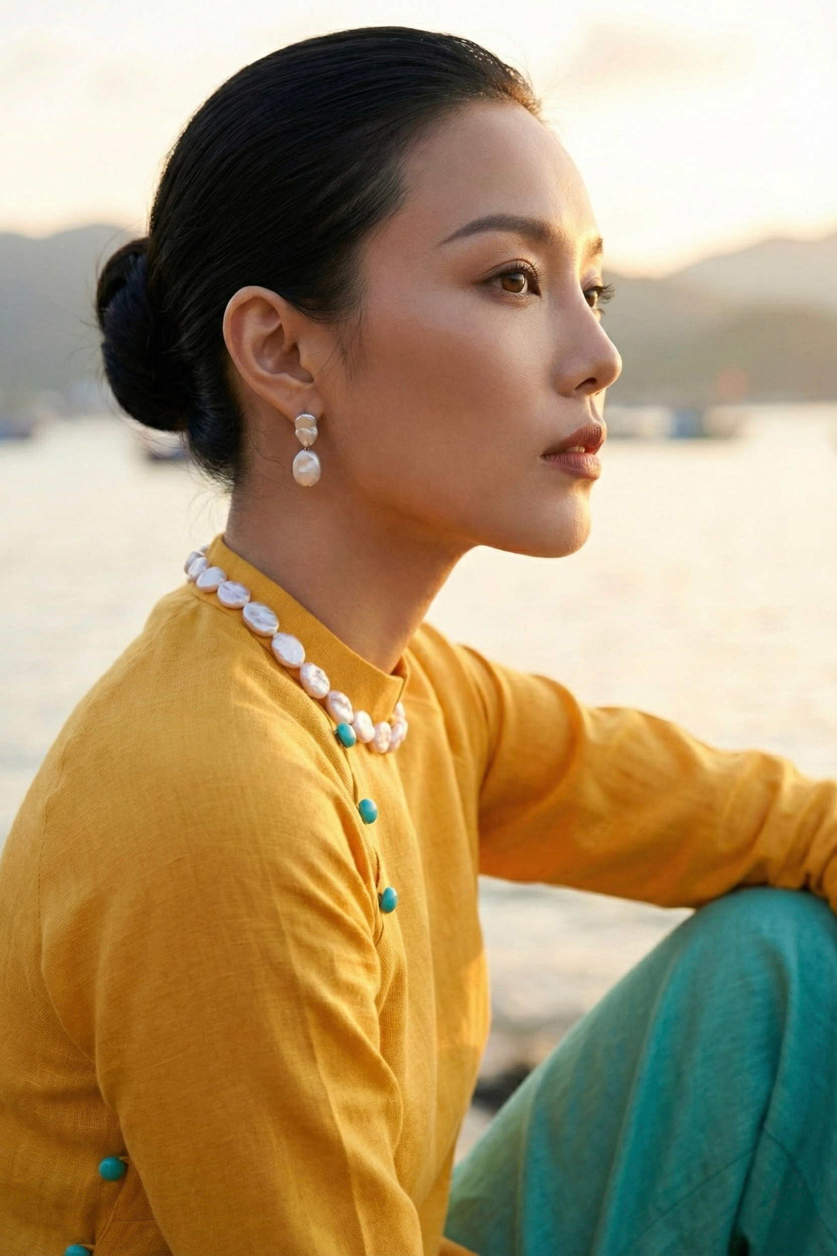 Áo dài linen vàng tay raglan thời trang Hity