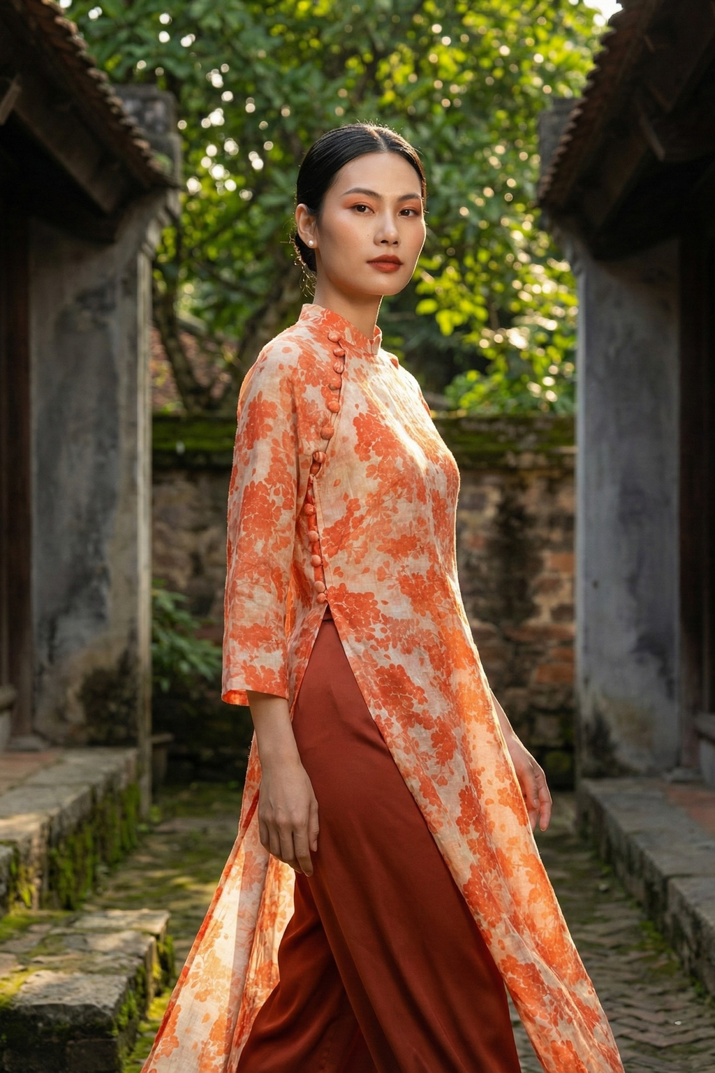 Áo dài suông vải gai xanh ramie thời trang Hity