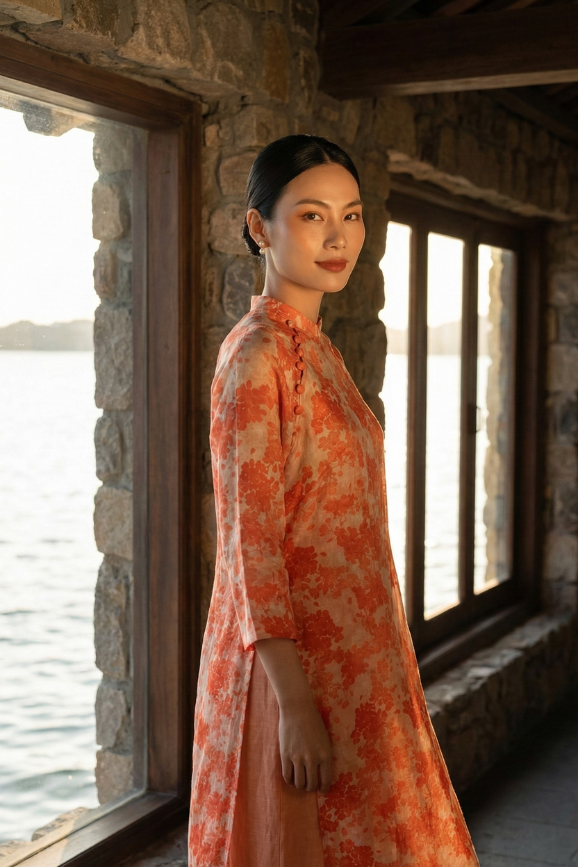 Áo dài suông vải gai xanh ramie thời trang Hity