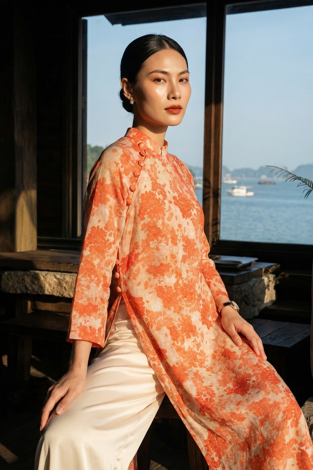 Áo dài suông vải gai xanh ramie thời trang Hity