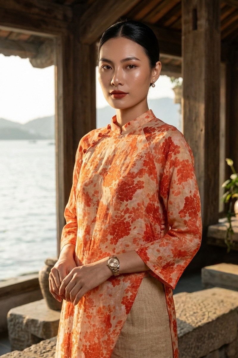 Áo dài suông vải gai xanh ramie thời trang Hity