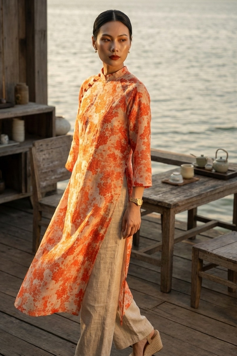 Áo dài suông vải gai xanh ramie thời trang Hity