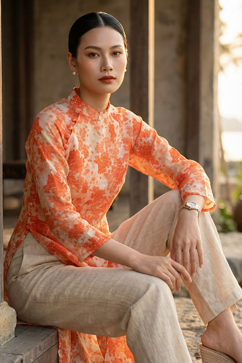 Áo dài suông vải gai xanh ramie thời trang Hity