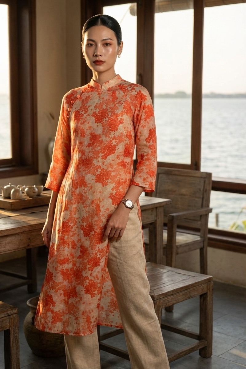 Áo dài suông vải gai xanh ramie thời trang Hity