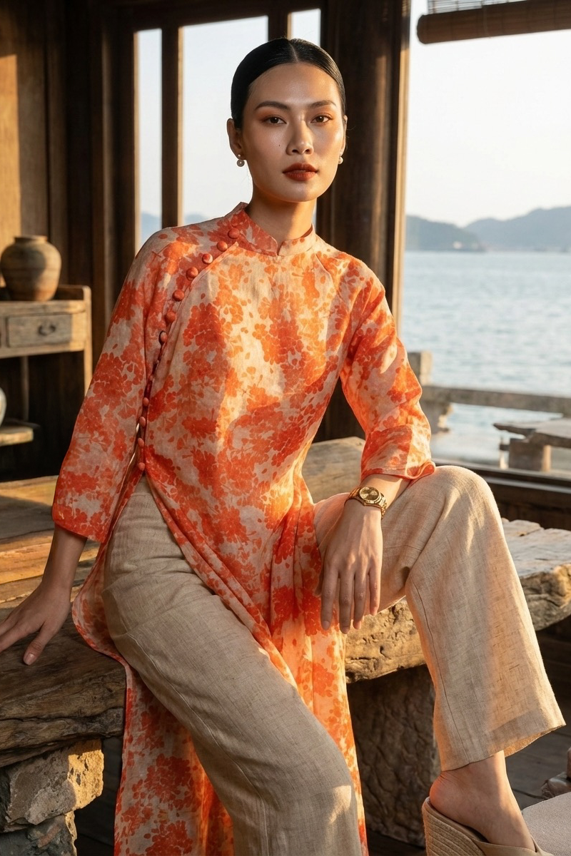 Áo dài suông vải gai xanh ramie thời trang Hity