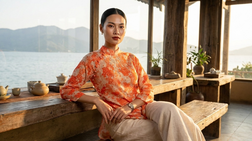 Áo dài suông vải gai xanh ramie thời trang Hity