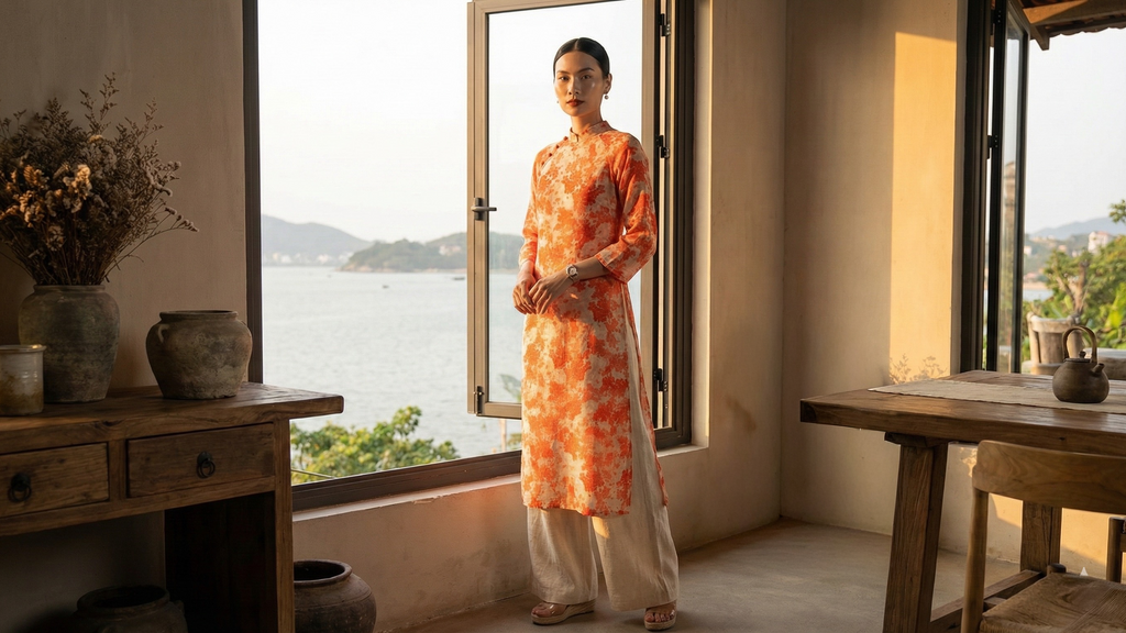 Áo dài suông vải gai xanh ramie thời trang Hity