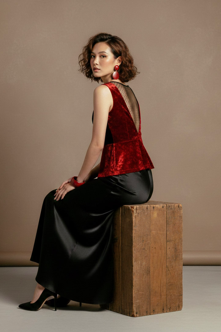 Áo thắt eo peplum hở lưng nhung đỏ thời trang Hity