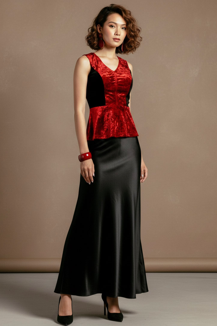 Áo thắt eo peplum hở lưng nhung đỏ thời trang Hity