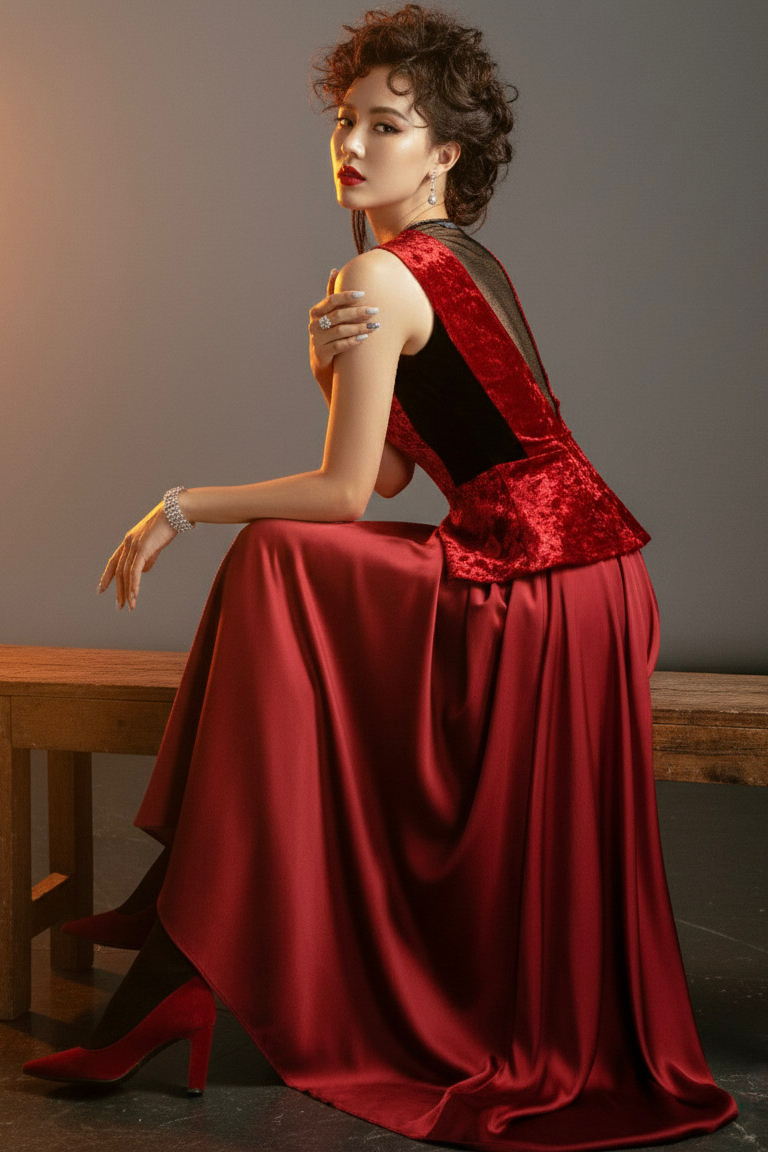 Áo thắt eo peplum hở lưng nhung đỏ thời trang Hity