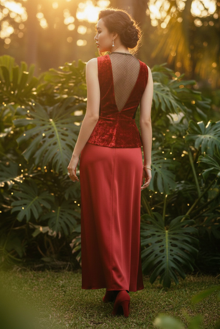 Áo thắt eo peplum hở lưng nhung đỏ thời trang Hity