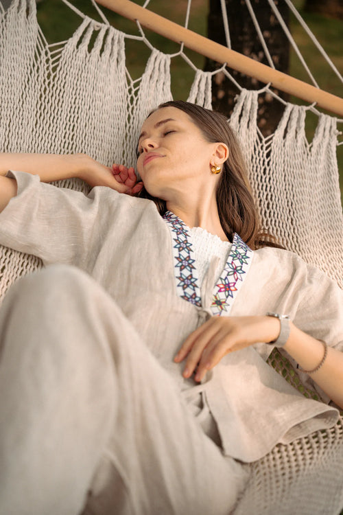 Áo khoác Nhật Bình linen xanh phối thổ cẩm thời trang Hity