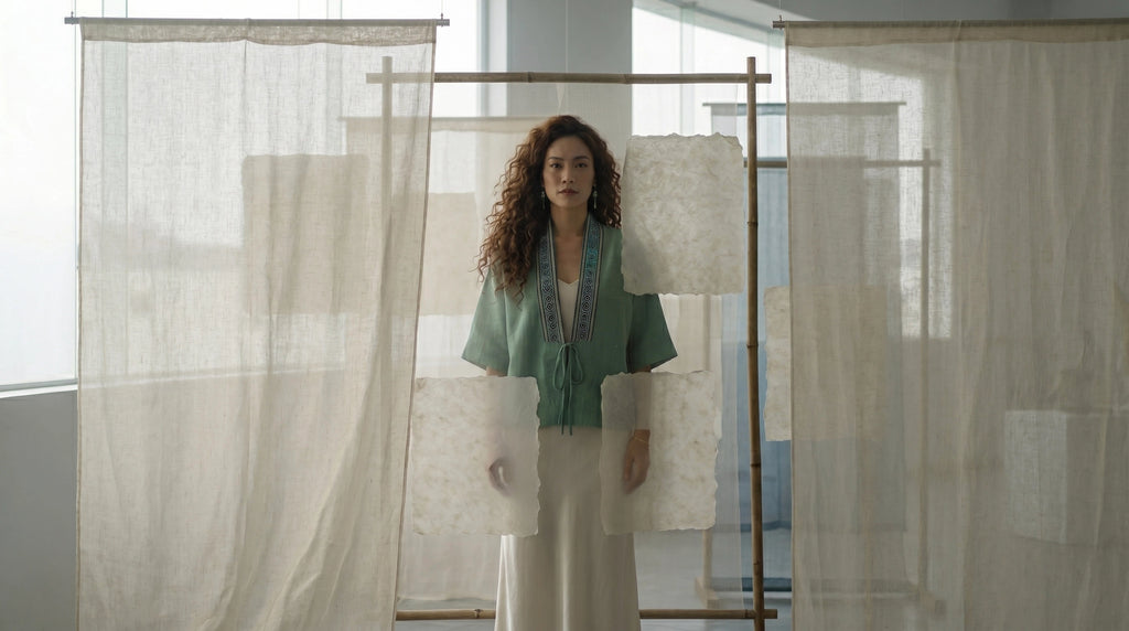 Áo khoác Nhật Bình linen xanh phối thổ cẩm thời trang Hity