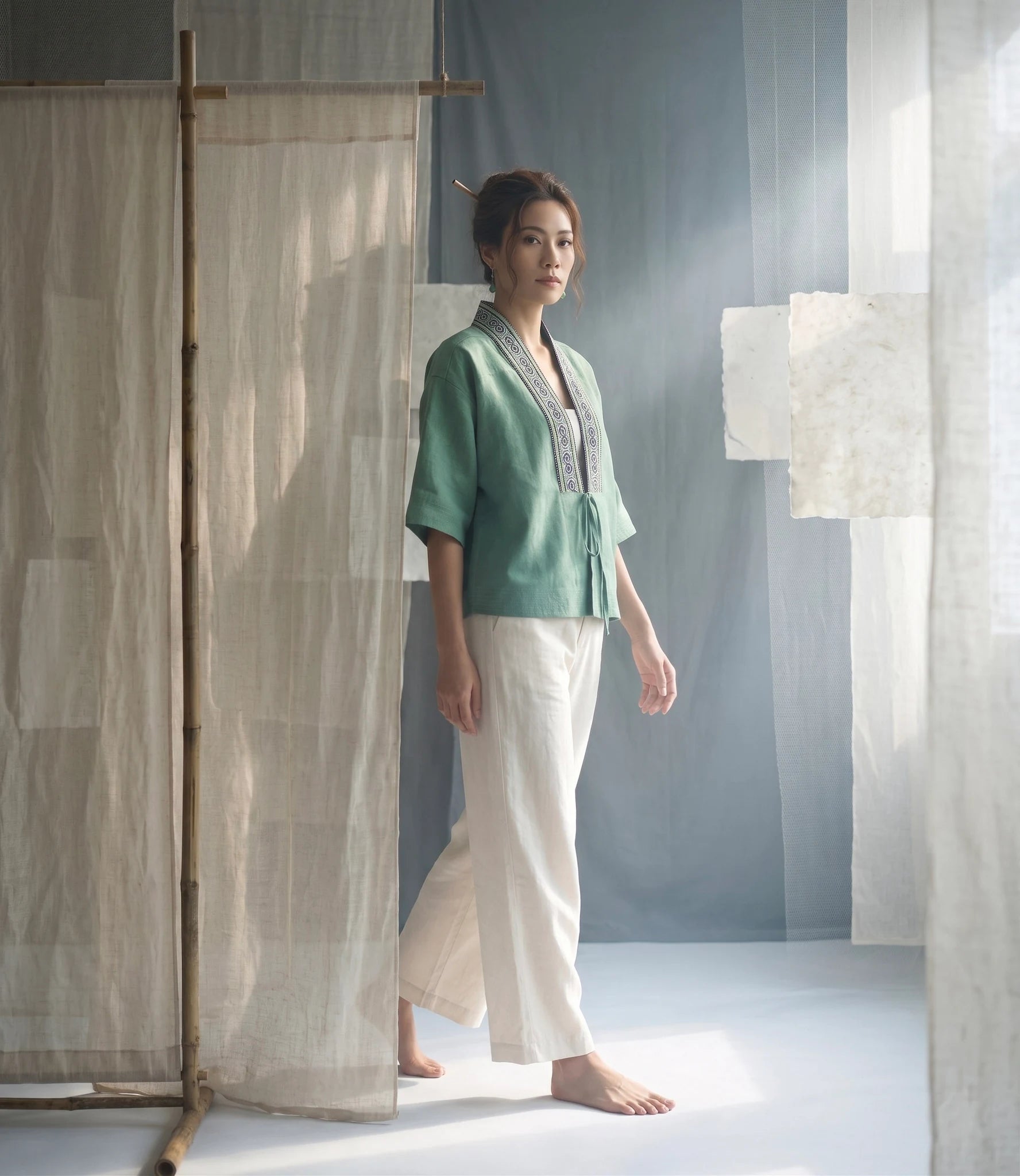 Áo khoác Nhật Bình linen xanh phối thổ cẩm thời trang Hity
