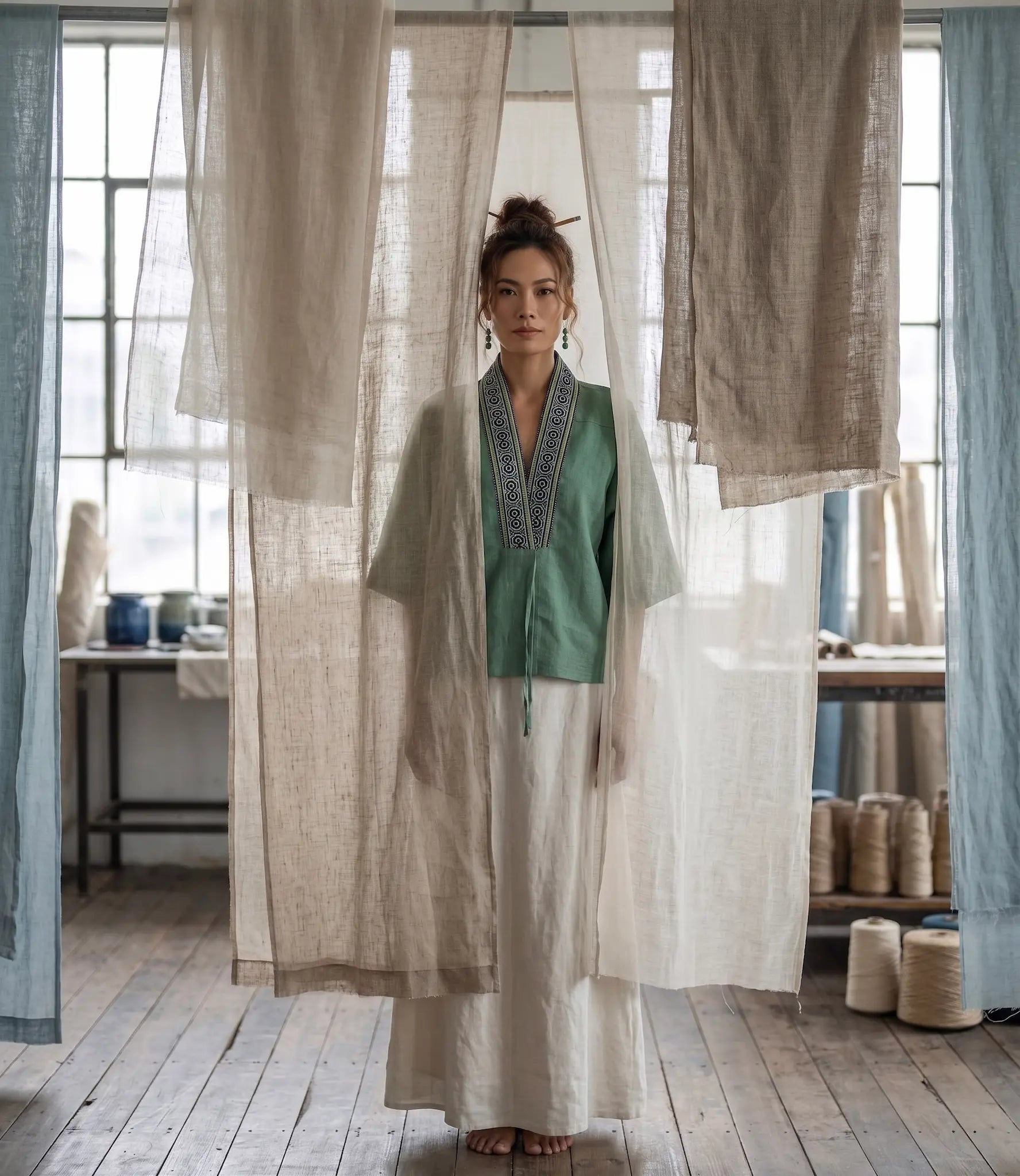 Áo khoác Nhật Bình linen xanh phối thổ cẩm thời trang Hity