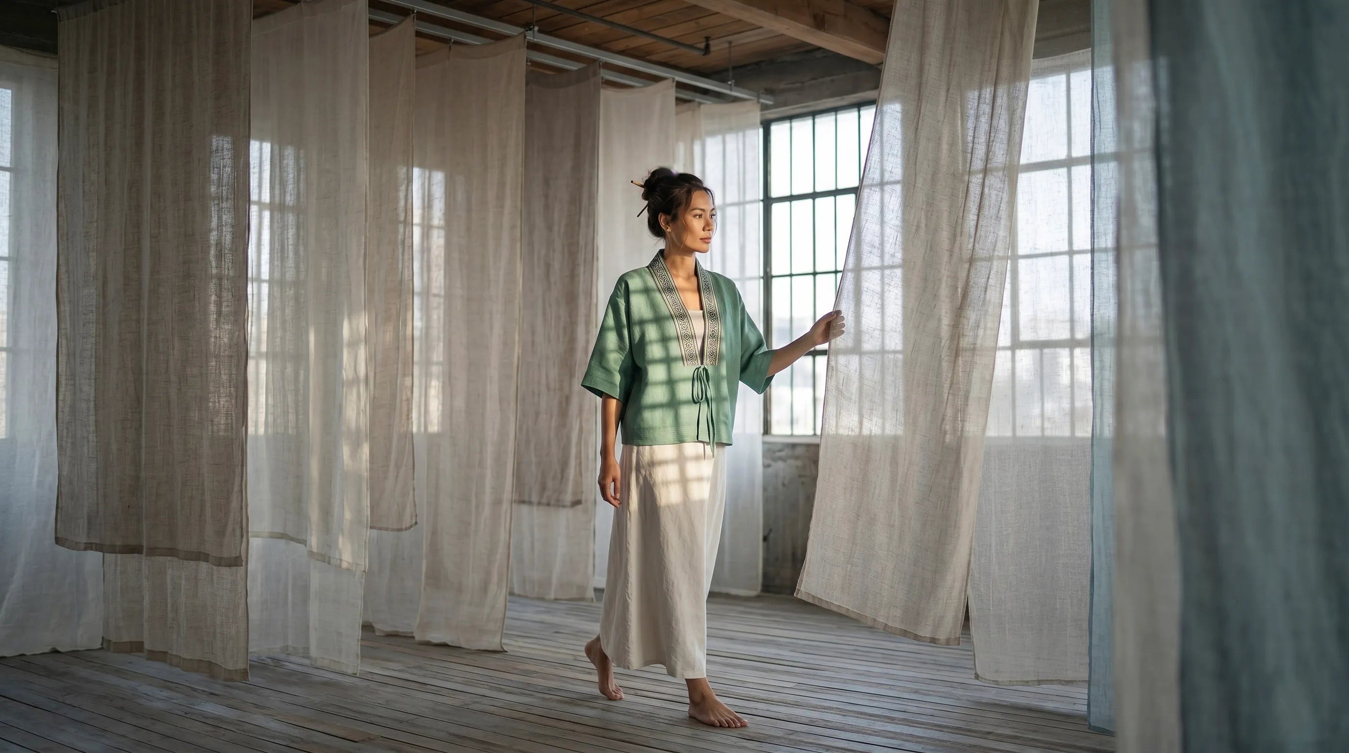 Áo khoác Nhật Bình linen xanh phối thổ cẩm thời trang Hity