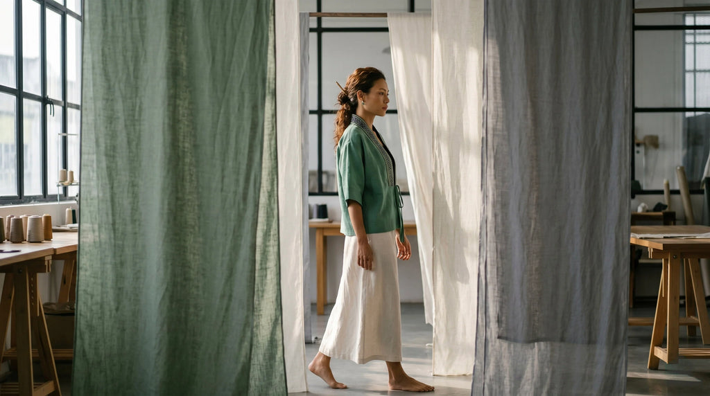 Áo khoác Nhật Bình linen xanh phối thổ cẩm thời trang Hity