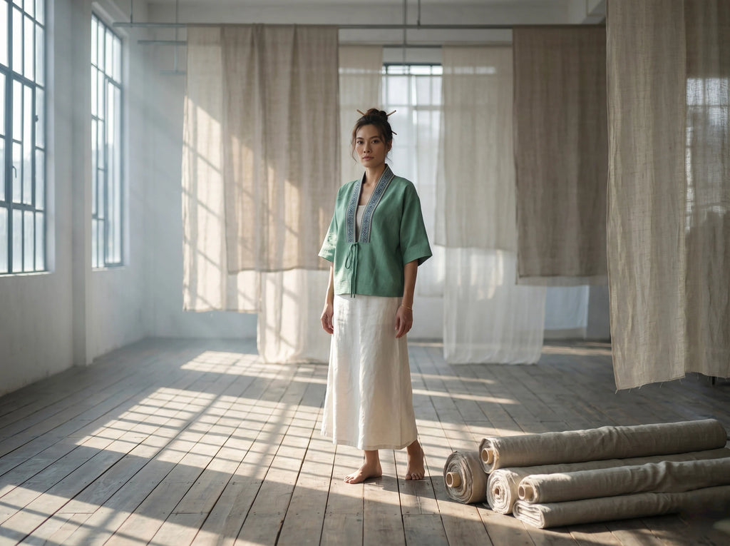 Áo khoác Nhật Bình linen xanh phối thổ cẩm thời trang Hity