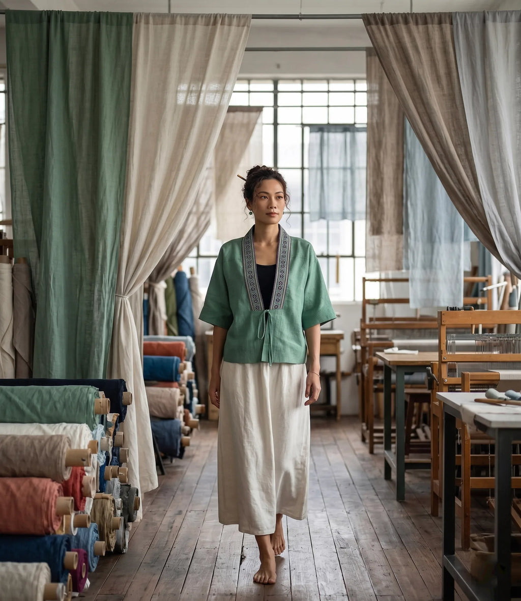 Áo khoác Nhật Bình linen xanh phối thổ cẩm thời trang Hity