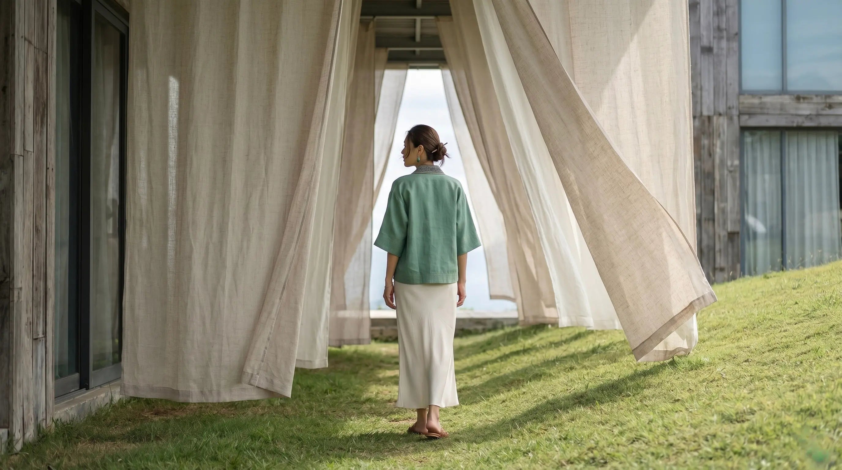 Áo khoác Nhật Bình linen xanh phối thổ cẩm thời trang Hity