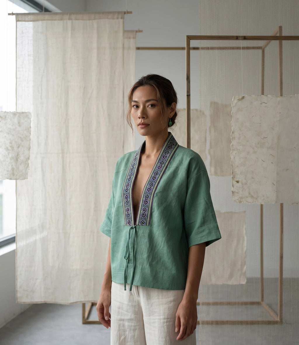 Áo khoác Nhật Bình linen xanh phối thổ cẩm thời trang Hity