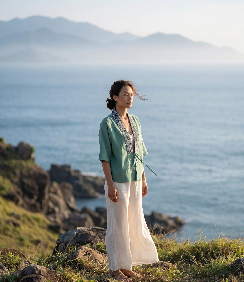 Áo khoác Nhật Bình linen xanh phối thổ cẩm thời trang Hity