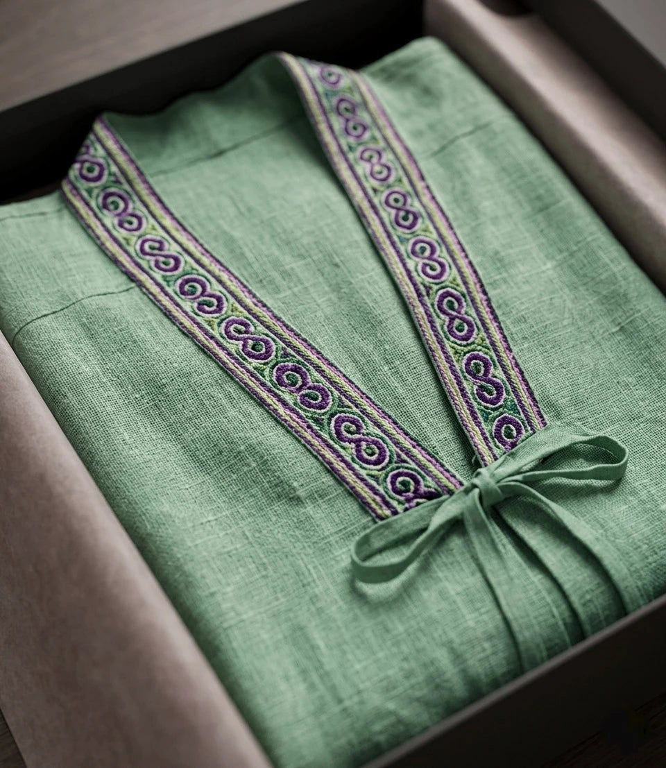 Áo khoác Nhật Bình linen xanh phối thổ cẩm thời trang Hity